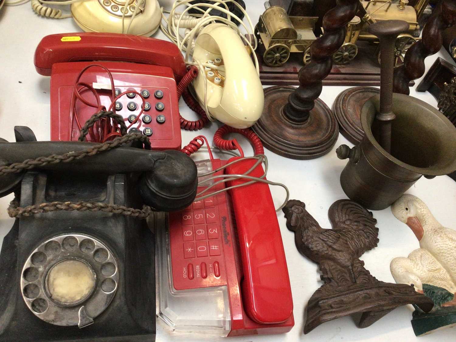 Group of vintage telephones, three wooden clocks, pair of barley twist candlesticks, box of brasswar - Image 2 of 5