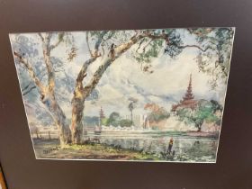 Bathet - Thai watercolour depicting temples, 34 x 23cm, together with other Far Eastern works by Amr