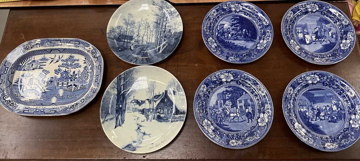 Four 19th century blue and white transfer printed plates 'Dr Syntax' and two Delft plates