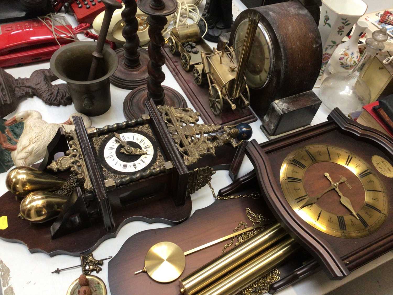 Group of vintage telephones, three wooden clocks, pair of barley twist candlesticks, box of brasswar - Image 4 of 5