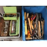 Quantity of old wooden hand tools, saws, boxed parts, accessories, Stanley Bailey No 5 plane, Record