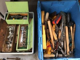 Quantity of old wooden hand tools, saws, boxed parts, accessories, Stanley Bailey No 5 plane, Record