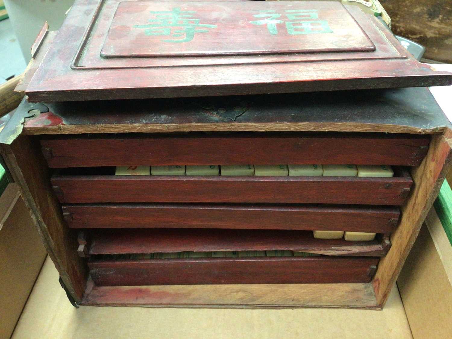 Mahjong set (incomplete) in damaged wooden box, together with Art Nouveau copper vessel, pipe in cas - Image 9 of 9