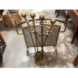 Brass fireside stand with three utensils and screen