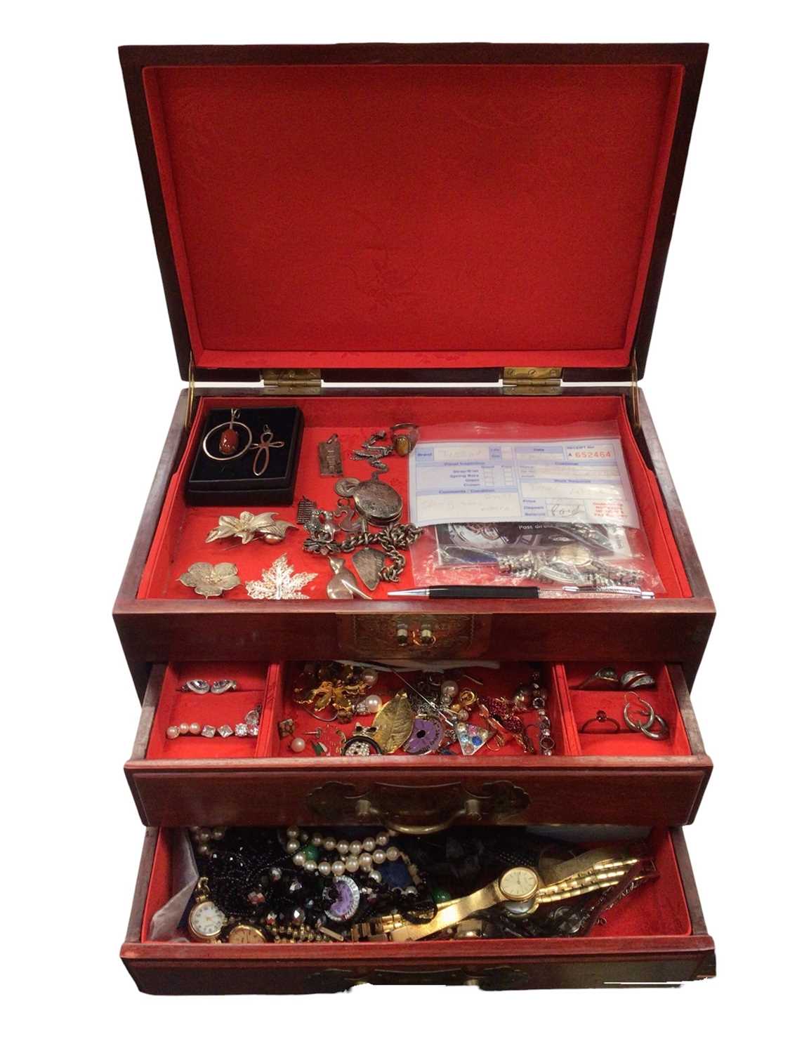 Chinese wooden jewellery box containing silver and other costume jewellery, wristwatches and a Swaro