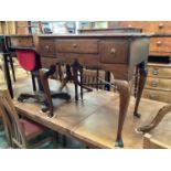 Georgian oak lowboy with three drawers on cabriole legs, 76cm wide, 50cm deep, 71.5cm high