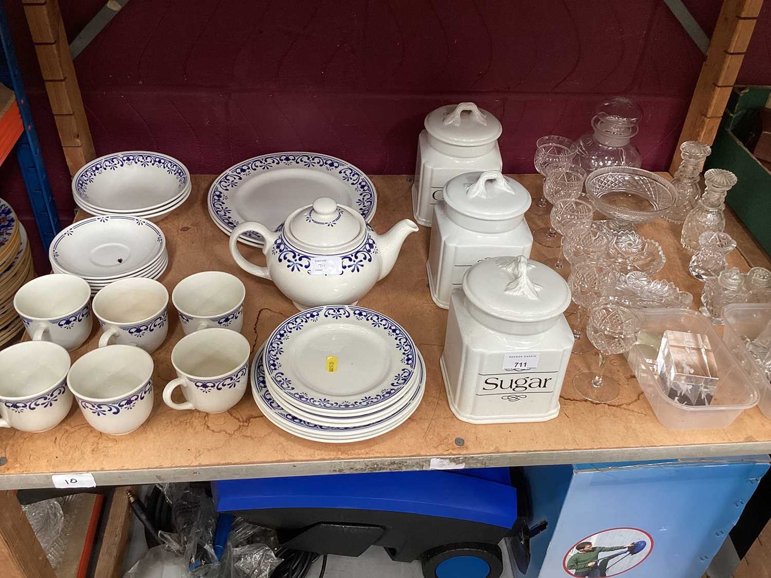 Selection of tea ware, glassware and storage jars (3 shelves)