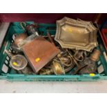 Box of plated ware, pair of brass candlesticks and other metal