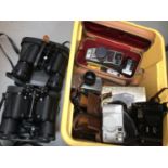 Box of vintage cameras, accessories and binoculars