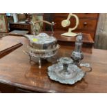 Silver plated spirit kettle, chamberstick and sugar caster (3)