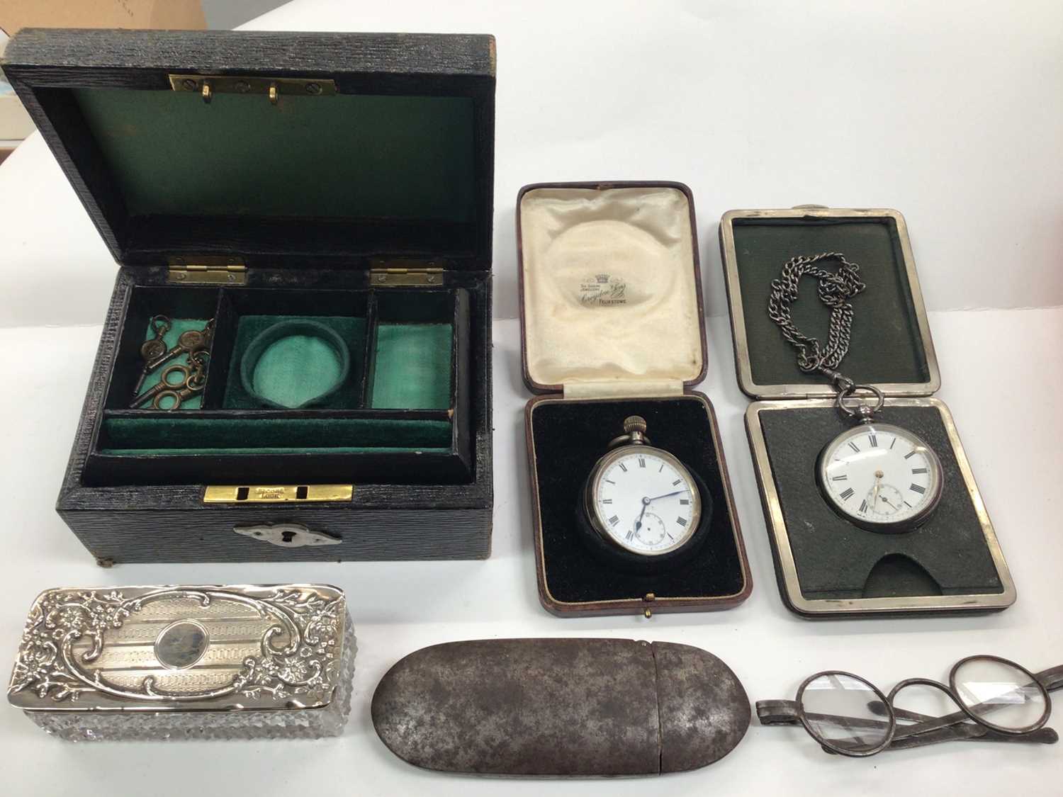 Two silver pocket watches, pair of Georgian steel spectacles in case, a silver topped glass pot and