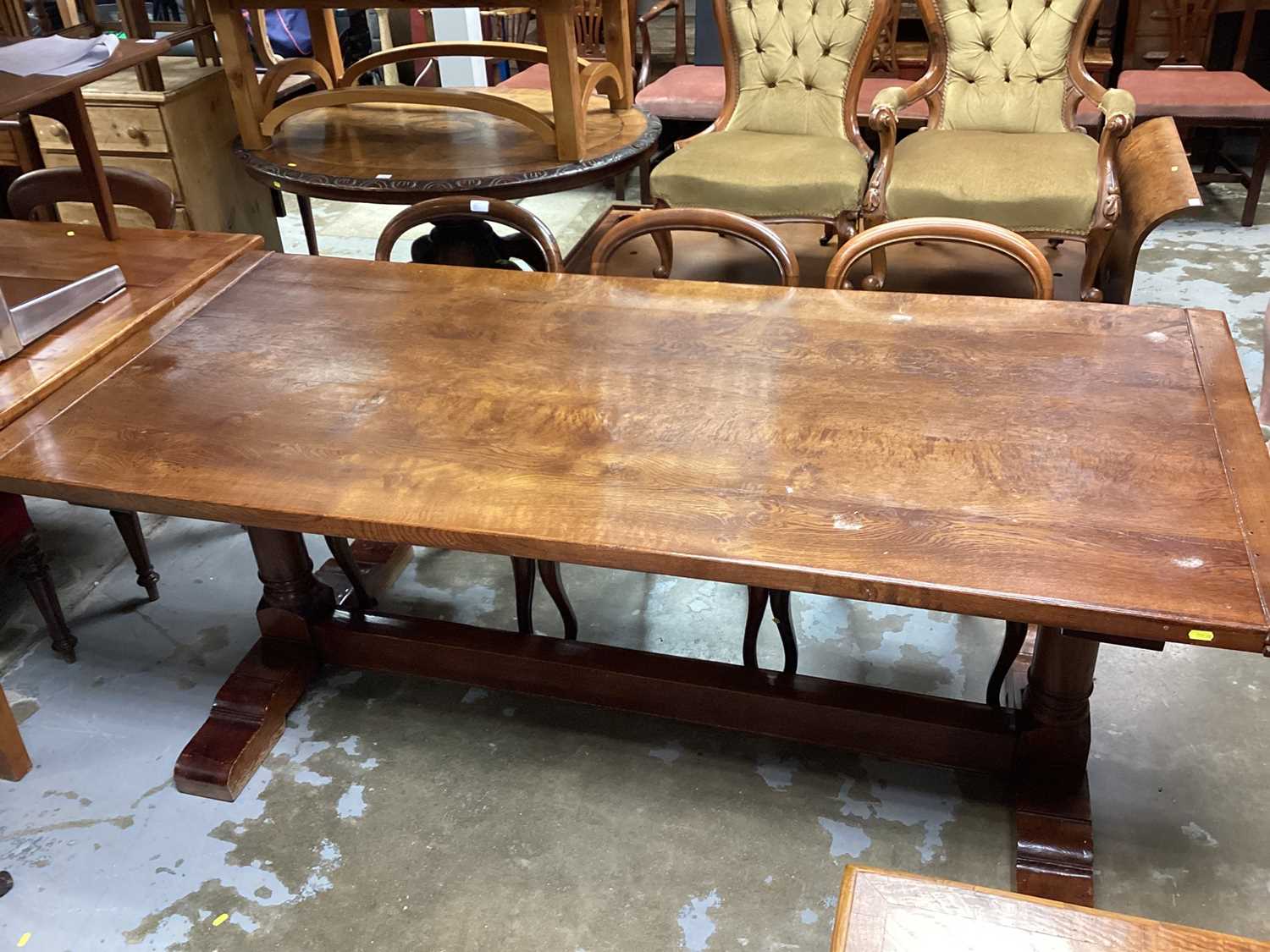 Antique style oak refectory table on turned end supports joined by stretcher, 193cm wide, 89cm deep,