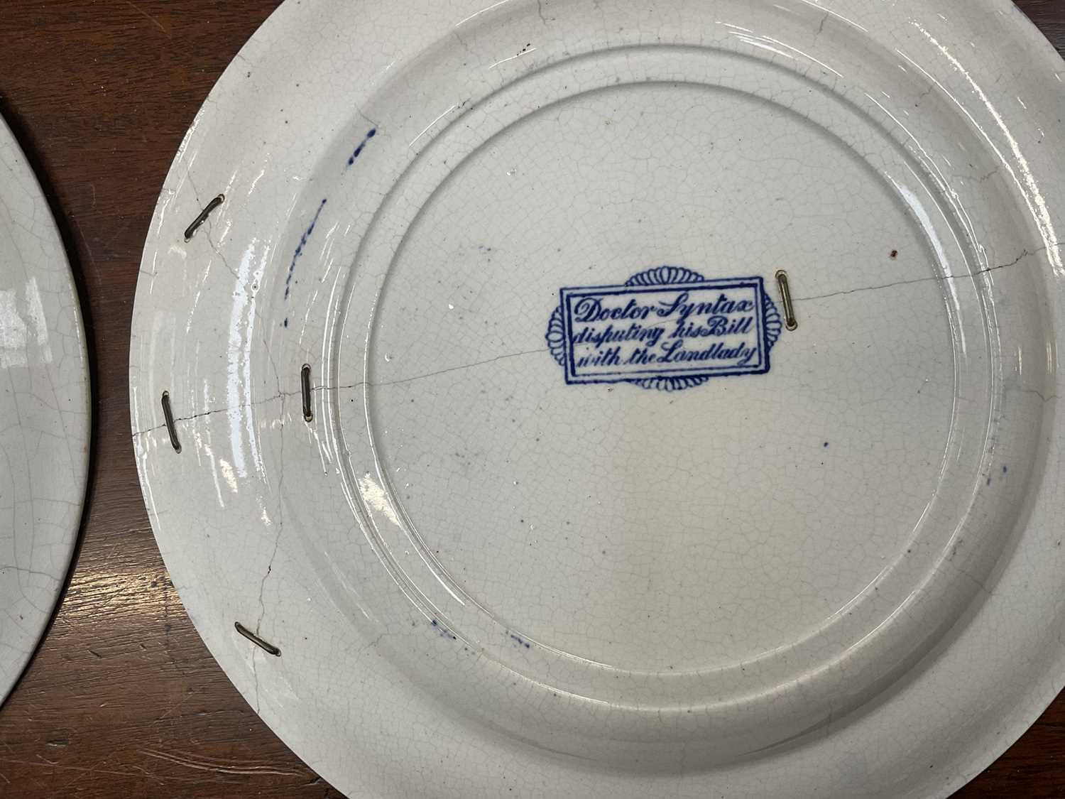 Four 19th century blue and white transfer printed plates 'Dr Syntax' and two Delft plates - Image 8 of 13