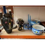 Large 1920s chinoiserie vase, matching rose bowl and pot and a similar 1920s dressing table set on t