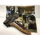 Boy Scouts axe with leather cover, Scouts pins, related photographs and a hunting knife