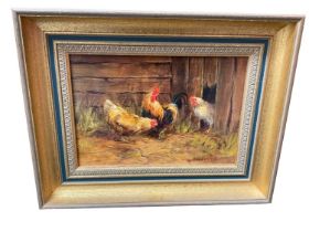 Donna Crawshaw oil on canvas, chickens