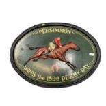 Painted woooden oval plaque depicting a jockey on a racehorse 'Persimmon wins the 1896 Derby Day'