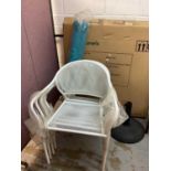 John Lewis 'Toronto' white metal garden table and four chairs with parasol (as new)