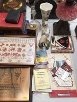 Victorian oil lamp with glass shade, two Aynsley vases, books, pictures and sundries