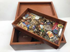 Collection of various enamelled pins, badges, cufflinks, penknives etc