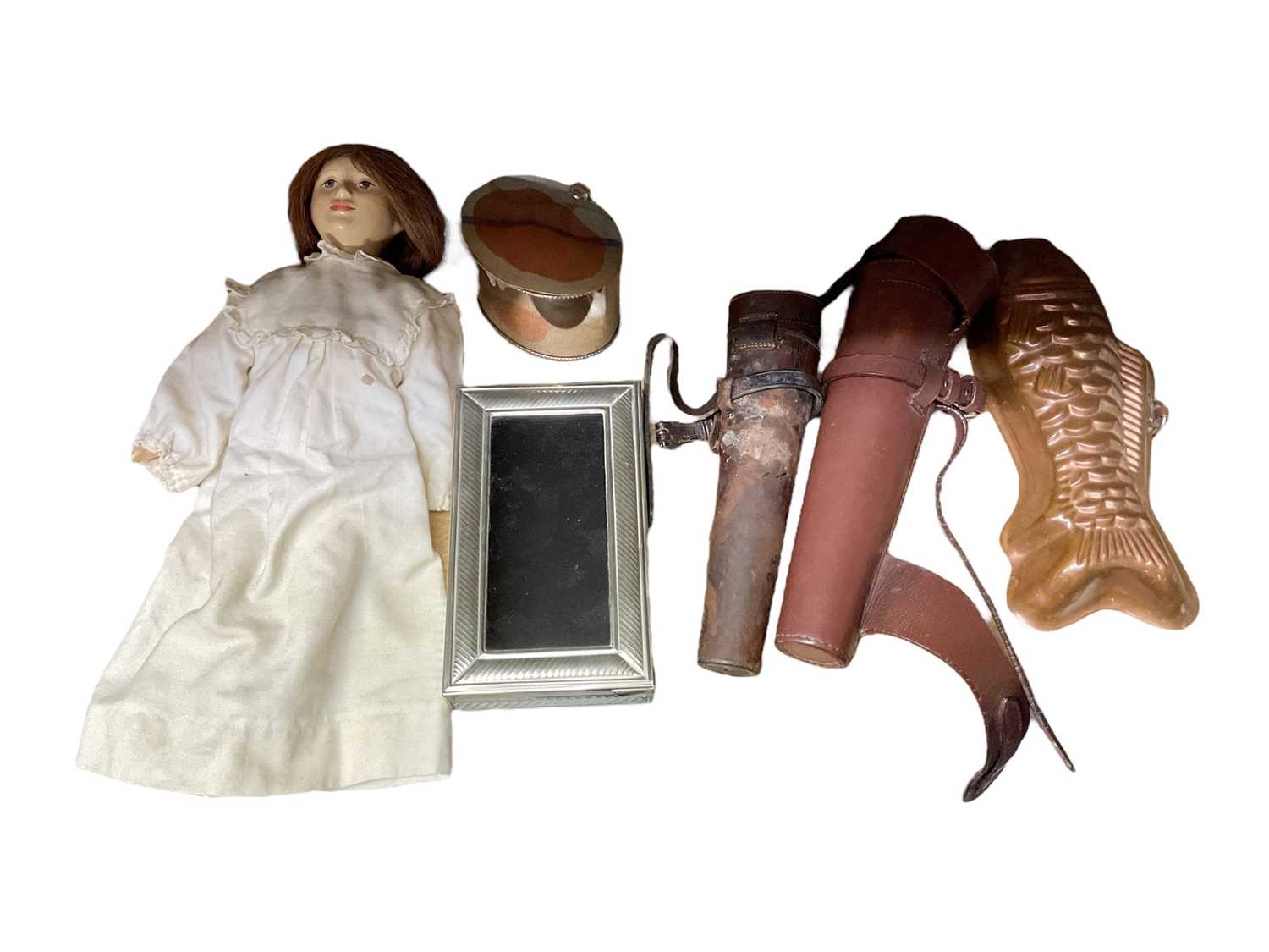 Sundry items, including two saddle flasks, a horn powder flask, plaster doll, pewter ware, etc