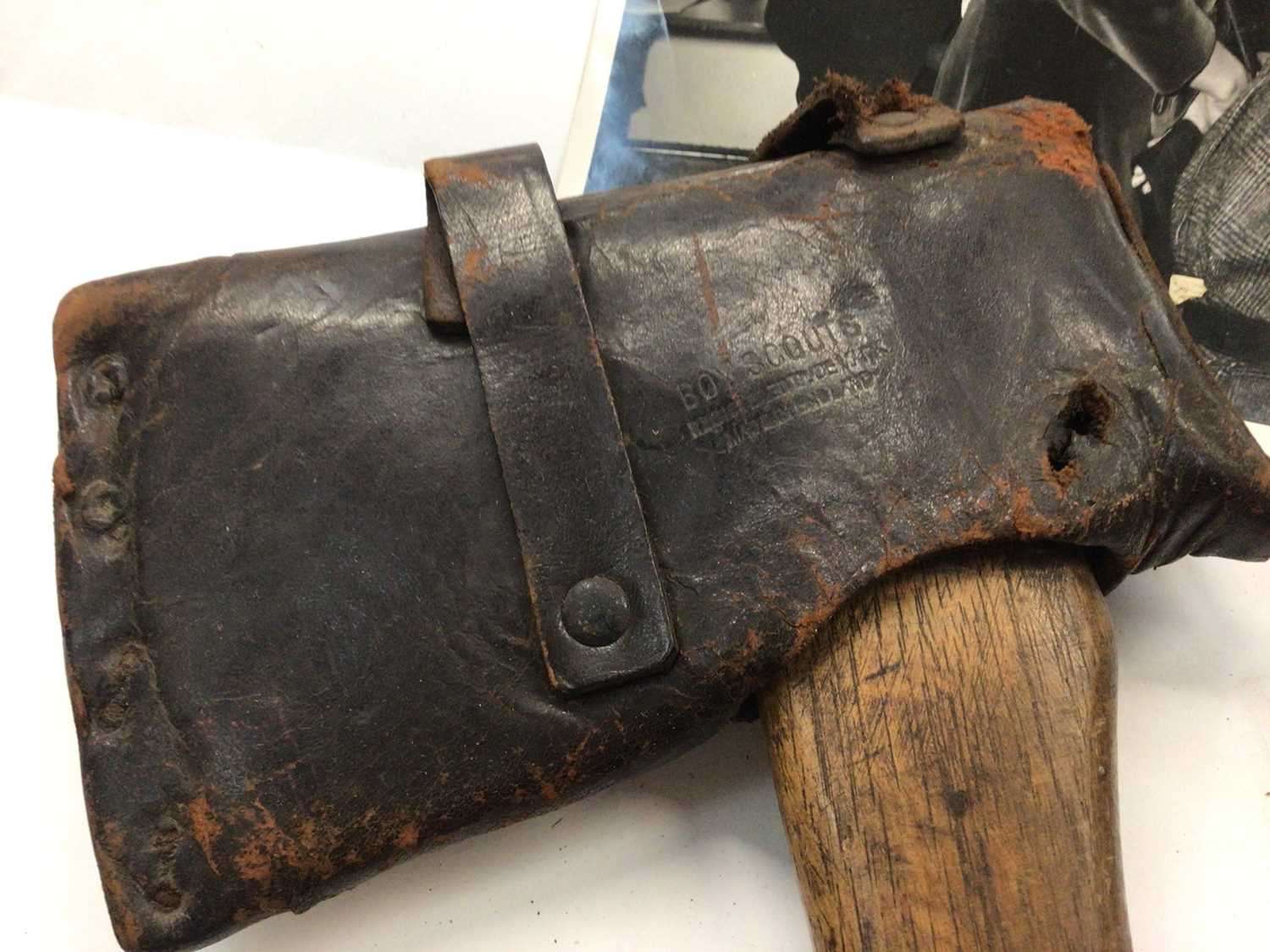 Boy Scouts axe with leather cover, Scouts pins, related photographs and a hunting knife - Image 2 of 4