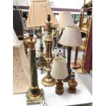 Green onyx and brass table lamps, together with two standard lamps and various shades