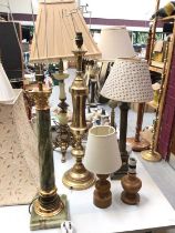 Green onyx and brass table lamps, together with two standard lamps and various shades