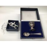 Mappin & Webb silver Christening egg cup and spoon cased set (Sheffield 1993), together with a Carrs