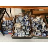 Three boxes of oriental blue and white ceramics including teapots and ornaments (3 boxes).