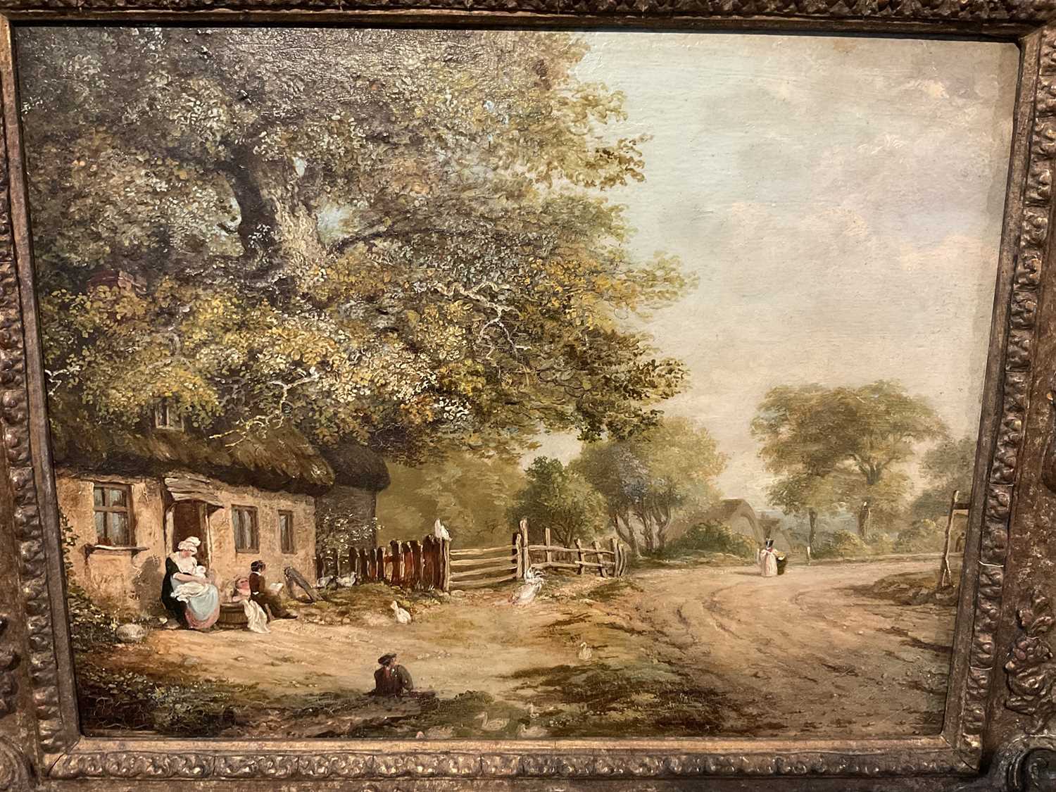 19th century English School, oil on panel, Cottage scene with figures, 27 x 33cm