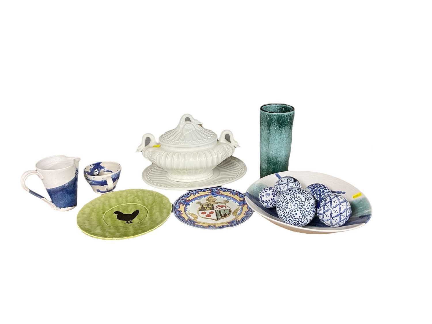 Group of ceramics, including a swan form tureen and base, a Royal Doulton armorial plate, a collecti