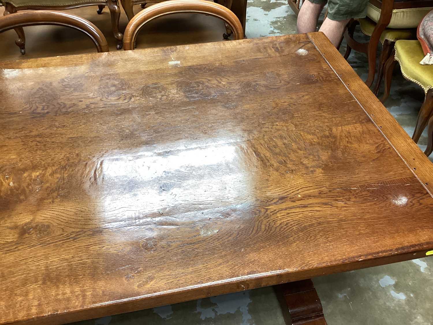 Antique style oak refectory table on turned end supports joined by stretcher, 193cm wide, 89cm deep, - Image 3 of 5