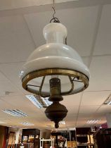 Brass ceiling light with opaque glass shade