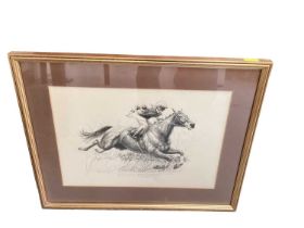 Gillian E. Hoare pen and ink study of a jockey on horseback, mounted in glazed frame.