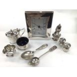 Group of silver to include various condiments, salts etc Chinese silver spoon, one other sterling sp