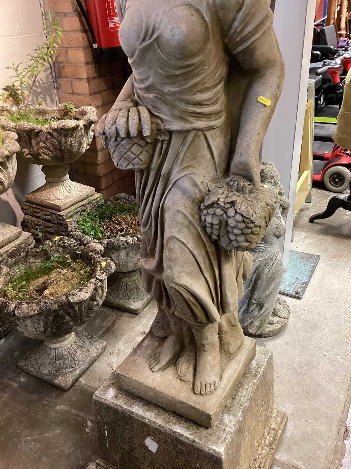 Concrete garden statue of a lady carrying fruit on plinth base, 154cm high - Image 2 of 6