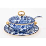 Wedgwood pearlware blue printed sauce tureen, cover stand and a ladle