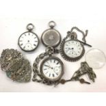 Three silver pocket watches and two silver watch chains, one plated pocket watch and a plated chain,