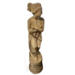 Concrete garden statue of a semi clad female on plinth base, 148cm high