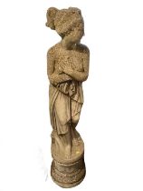 Concrete garden statue of a semi clad female on plinth base, 148cm high