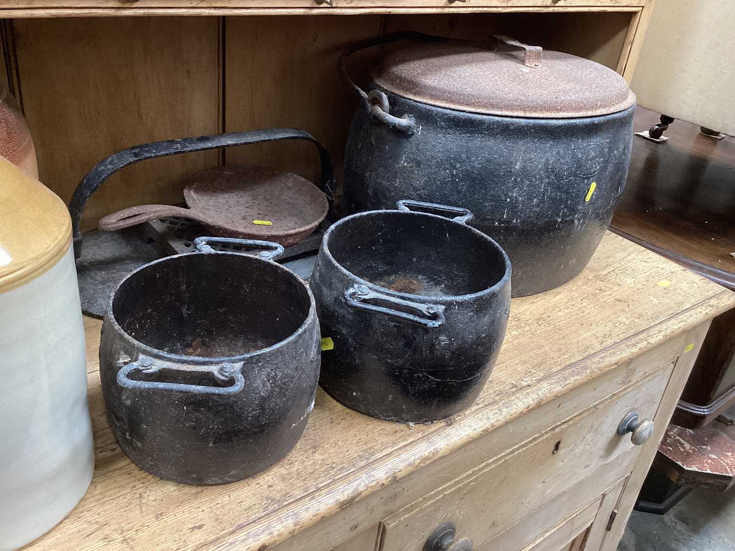 Group of stoneware items and cast iron cooking pots. - Image 2 of 6