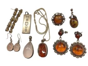 Group of silver mounted amber jewellery, rose quartz etc and a silver ingot pendant