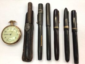 Gold plated Arcadia pocket watch and six vintage "Swan" fountain pens