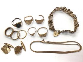 Group of 9ct gold jewellery to include a gate bracelet, pair of cufflinks signet rings and wedding r