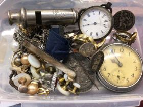 Small selection of jewellery, pair of silver cufflinks, silver cased fob watch, silver tie clip and