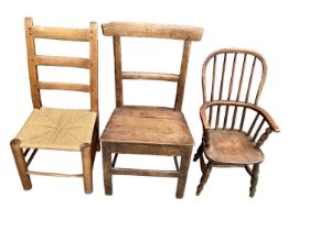 19th century child's stick back chair, a caned ladder back chair and a primitive oak chair (3)