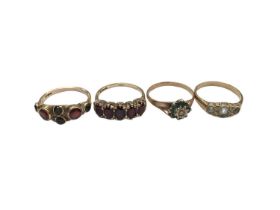 Four 9ct gold and gem set dress rings