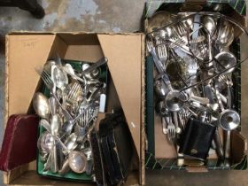 Two boxes of flatware, silver plate, etc