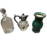 Regency cut glass decanter and stopper, Art Nouveau decanter and a Chinese green glazed vessel descr